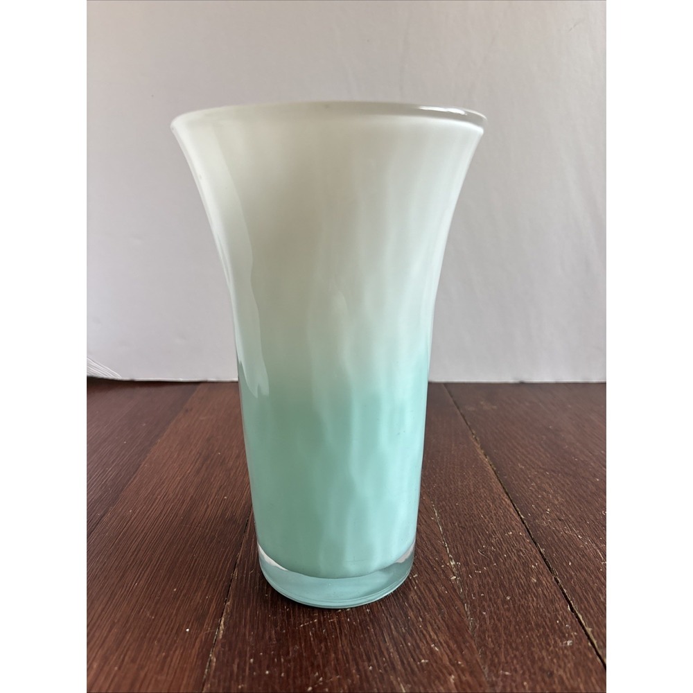 Vintage Libbey Ombré Teal/White Frosted Vase 8" x 5" Marked Bottom Collectible